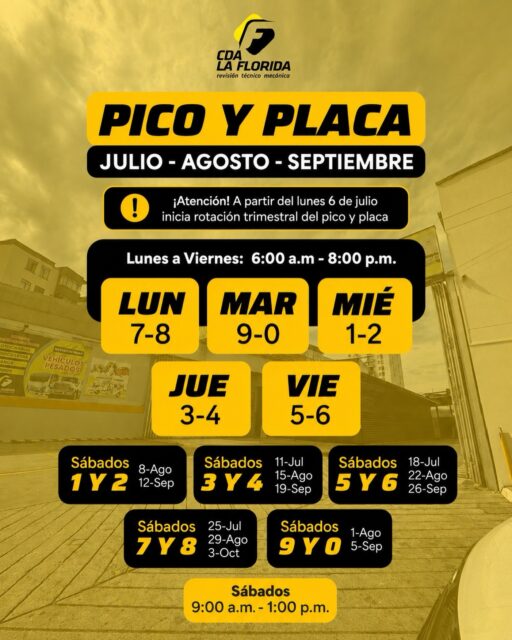 🚗📢 ¡Información importante para todos nuestros usuarios!

Ya está vigente la nueva rotación del pico y placa para julio, agosto y septiembre. Revisa los días correspondientes a tu placa y evita sanciones.

🔧 Aprovecha y realiza tu Revisión Técnico Mecánica a tiempo para viajar con mayor seguridad y confianza.

📍 CDA LA FLORIDA, comprometidos con la seguridad vial.