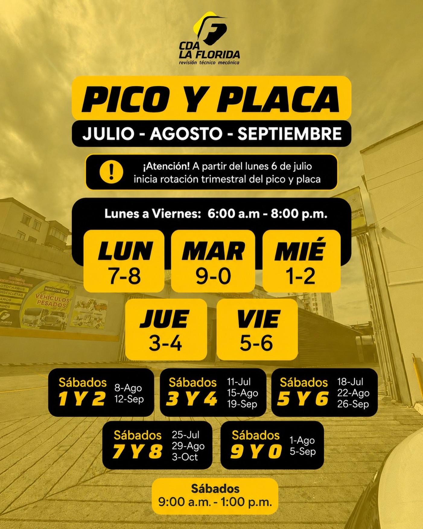 🚗📢 ¡Información importante para todos nuestros usuarios!

Ya está vigente la nueva rotación del pico y placa para julio, agosto y septiembre. Revisa los días correspondientes a tu placa y evita sanciones.

🔧 Aprovecha y realiza tu Revisión Técnico Mecánica a tiempo para viajar con mayor seguridad y confianza.

📍 CDA LA FLORIDA, comprometidos con la seguridad vial.