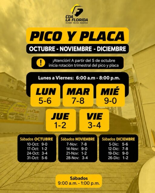 ⚠️ ¡Nueva rotación de Pico y Placa!
Desde el 5 de octubre entra en vigencia la programación correspondiente a octubre, noviembre y diciembre.
🚘 Revisa el último dígito de tu placa.
📅 Ten presentes también las restricciones programadas para los sábados.
✅ Organiza tus recorridos con anticipación y evita contratiempos.
Guarda esta publicación y compártela con quien la necesite. 💛🖤
CDA La Florida — revisión técnico-mecánica para seguir rodando con tranquilidad.